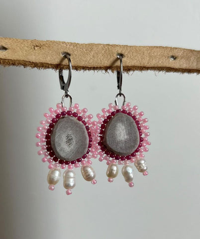 Pink Oval Antler and Three Pearl Dangle Earrings