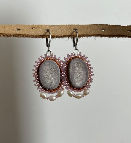Pink Oval Pearl Antler Earrings