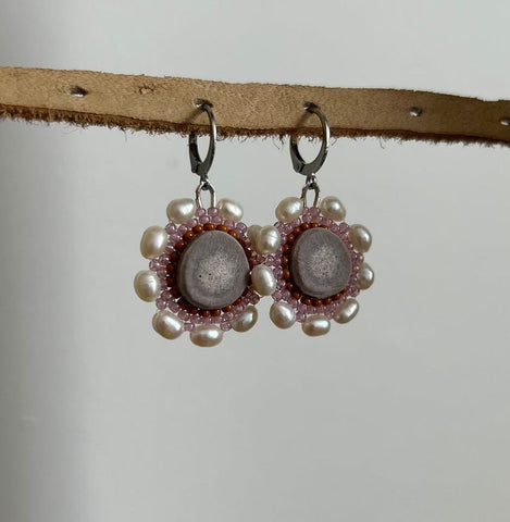 Pink Flower Pearl Antler Earrings (Round)