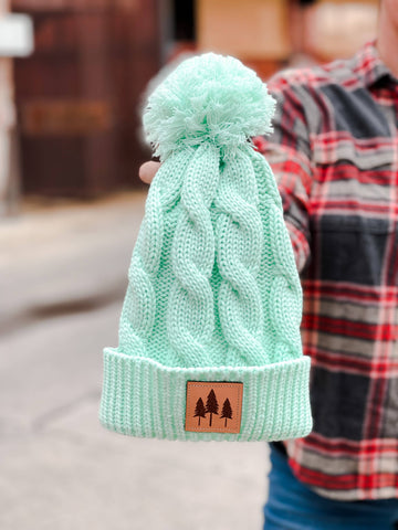 Mint with Trees Cable Knit Beanie